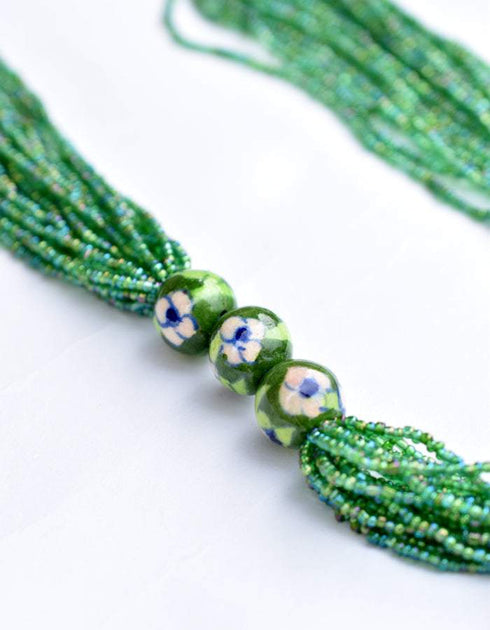 Blue Pottery Three Bead Side Necklace In Green